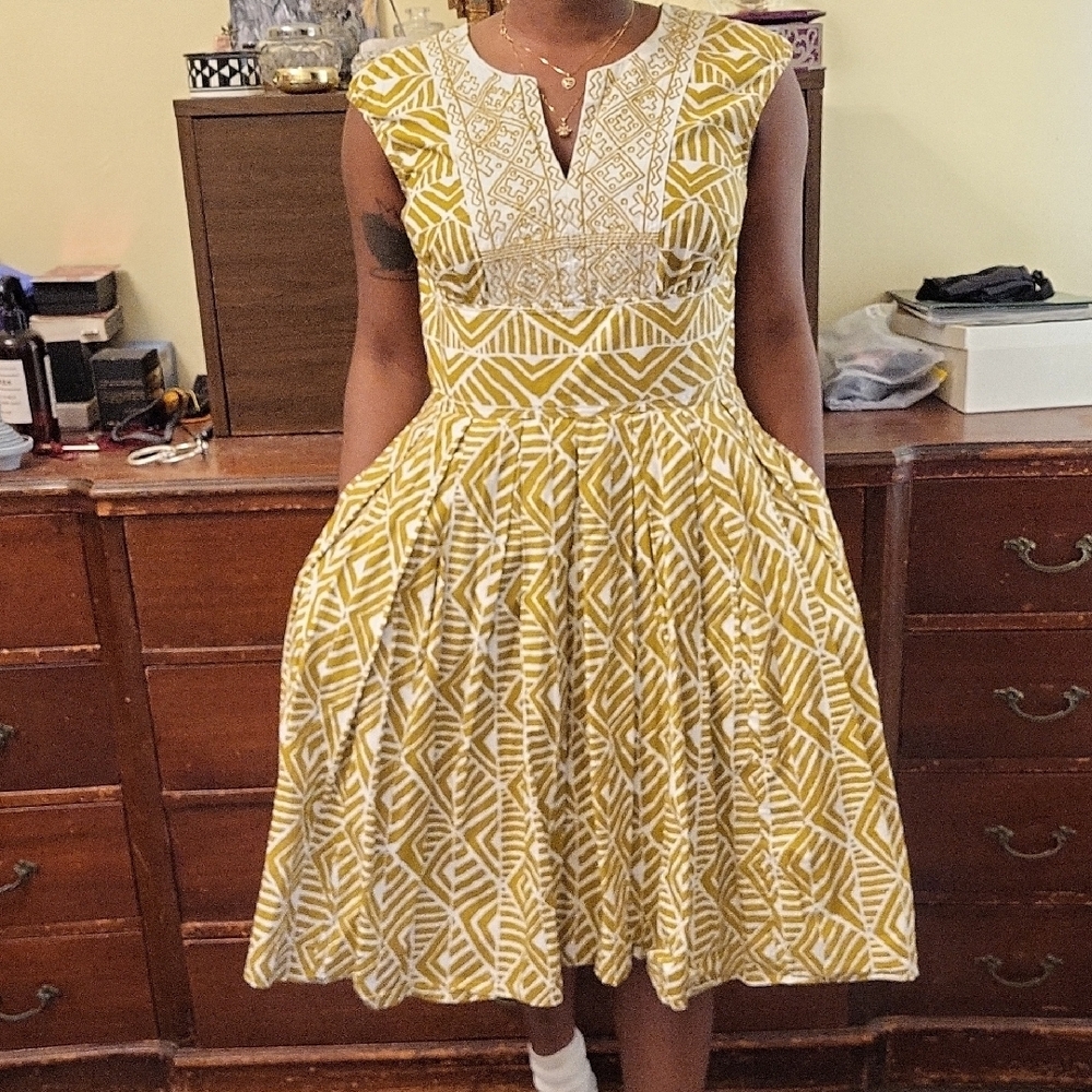 Gold and White Embellished Pleated Midi Dress